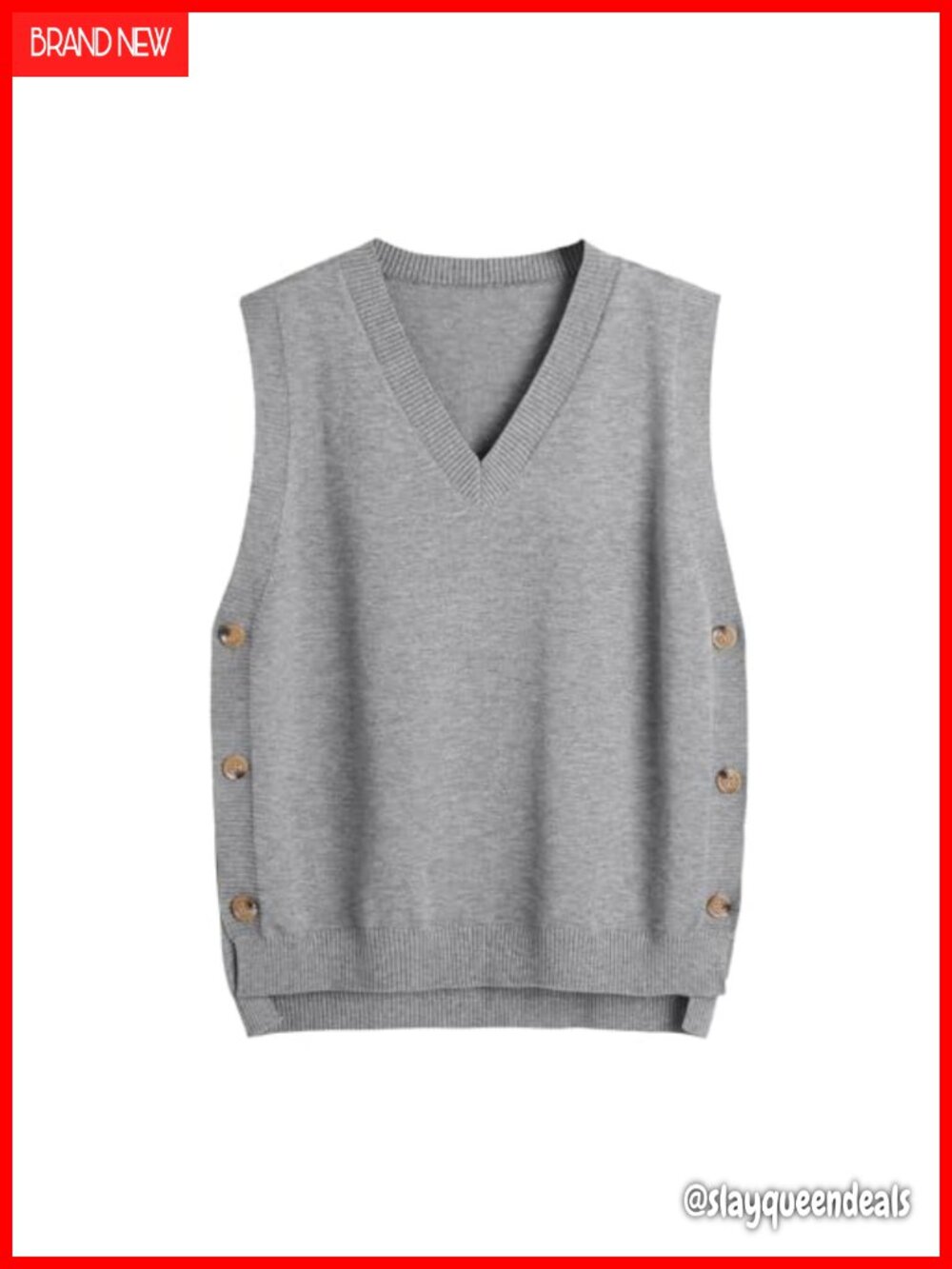 Women's V Neck Sleeveless Ribbed Knit Sweater Vest Button Side Loose Fit